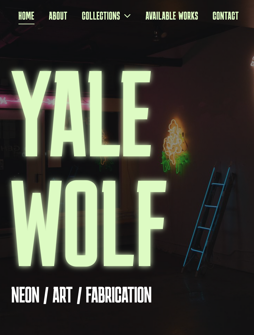 Homepage header for Yale Wolf, featuring light-green text on a dark background reading 