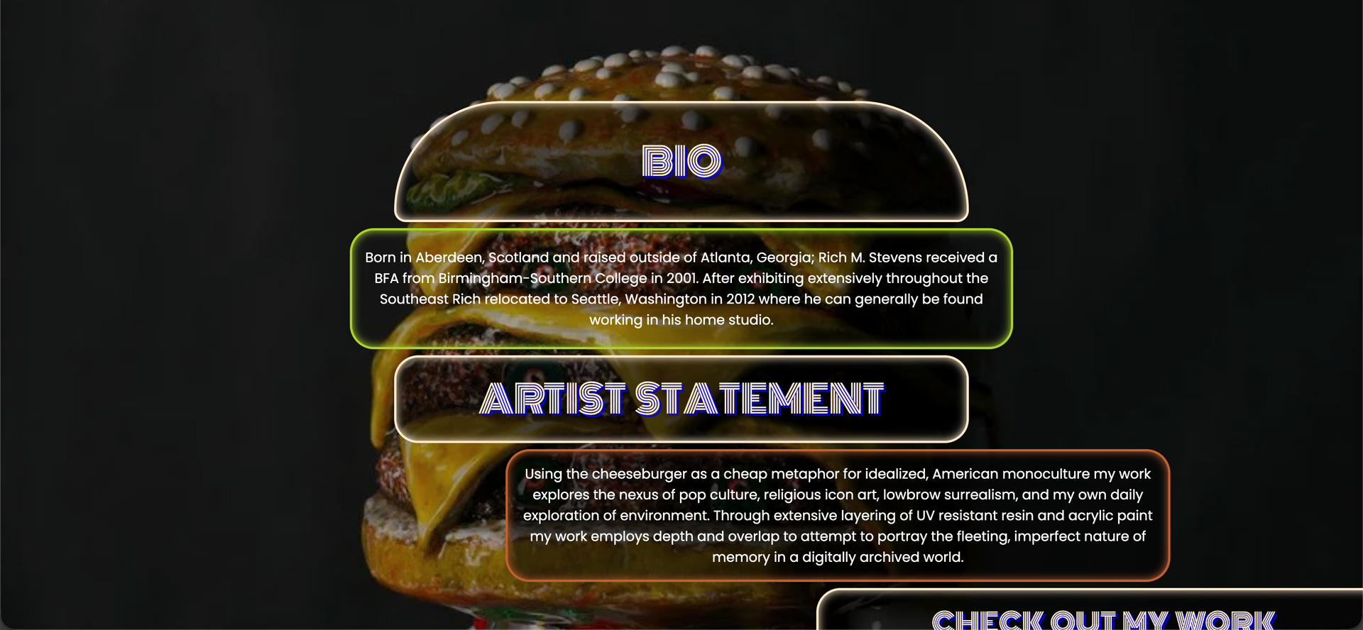 Art by Rich M Stevens. Text overlay on a burger background reading “BIO” and “ARTIST STATEMENT,” with smaller text below