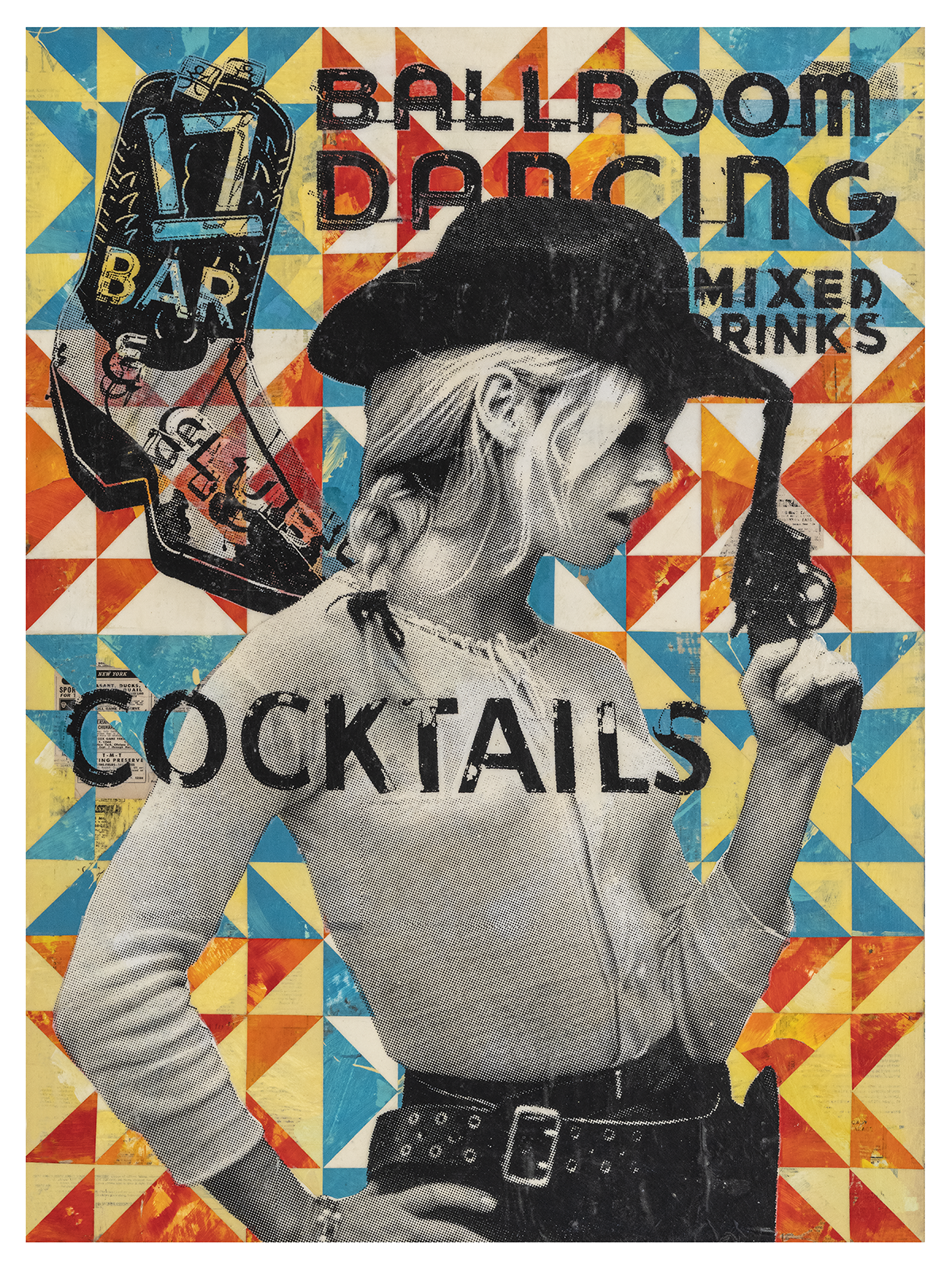 Art by Robert Mars with a person holding a drink, bold text, and colorful geometric background
