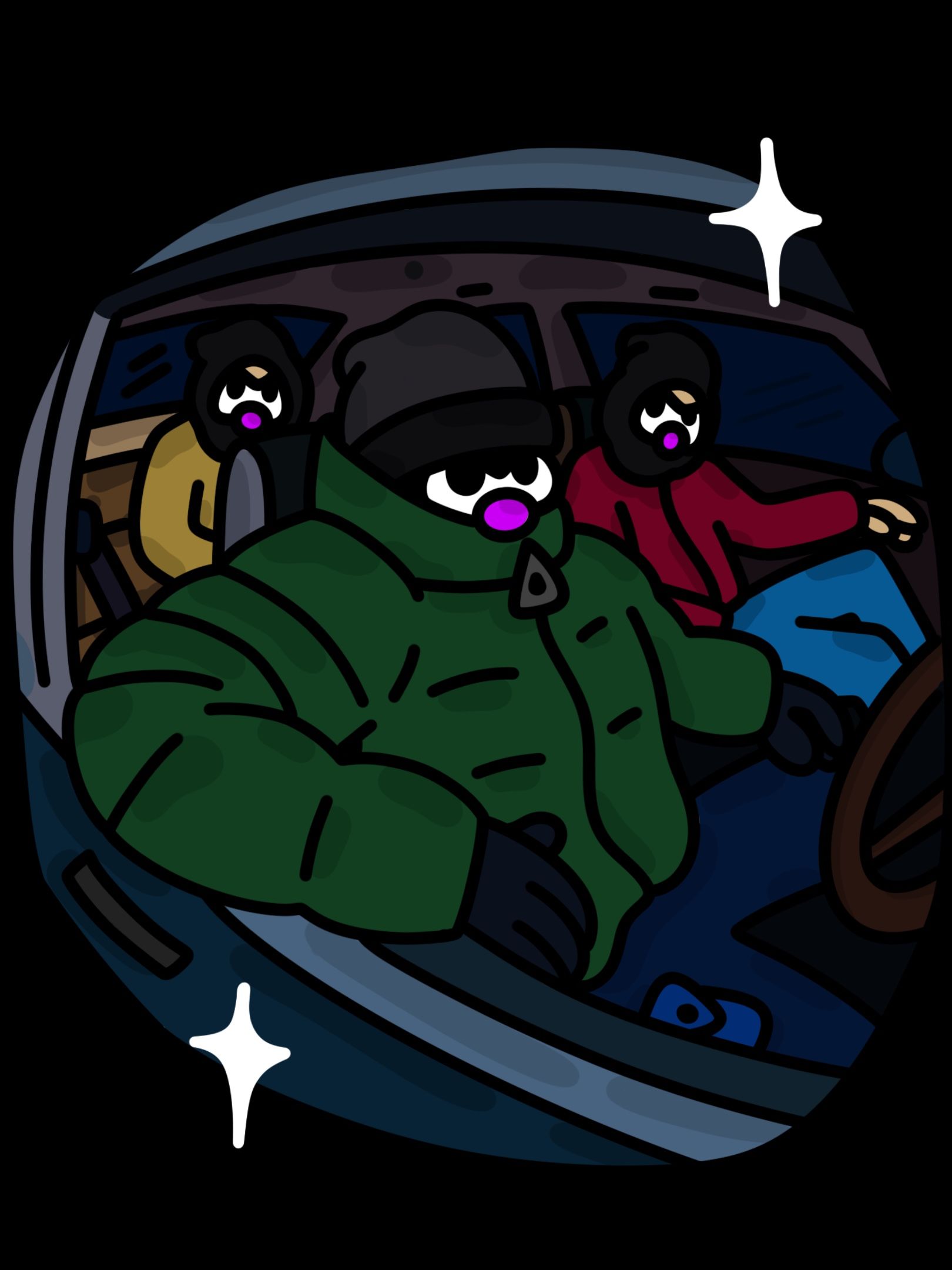 Three masked figures in a car, driver in green jacket, passenger in red, all with purple lips, nighttime, art by Big Skull.