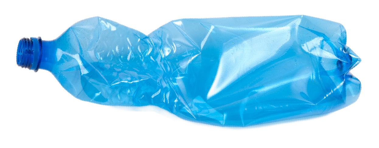 A crumpled blue plastic bottle on a white background.