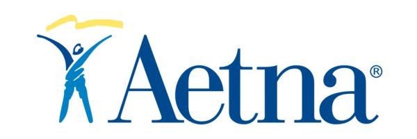 Aetna logo with a blue figure, yellow swoosh, and text in blue.