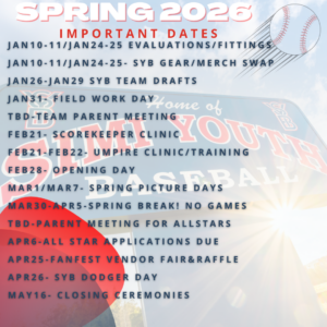 Spring 2026 event schedule poster with dates for tryouts, clinics, games, vendor fair, and closing ceremonies