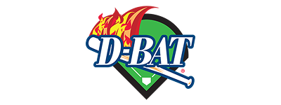 SD-BAT baseball logo with blue text, red flames, and a diamond-shaped emblem