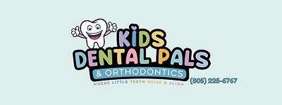 Kids Dental Pals & Orthodontics logo with a smiling tooth and colorful text on a light blue background