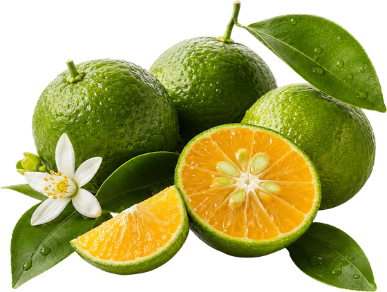 Fresh calamansi citrus fruit with green peel and orange flesh