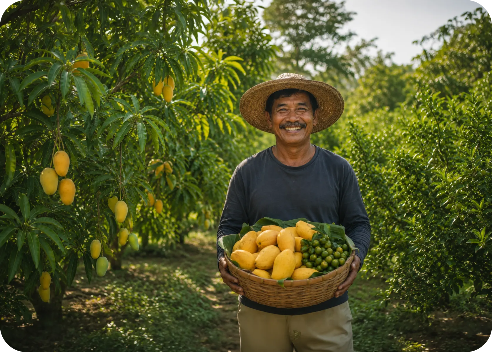 Fruit grower holding a basket of mangoes and calamansi in a tropical orchard