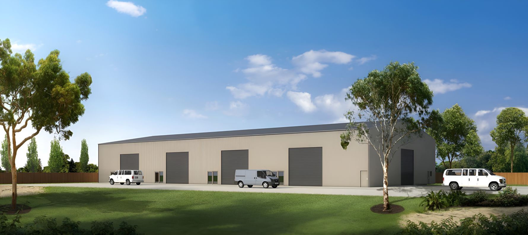 An Artist's Impression of a Warehouse With Trucks Parked in Front of It — Mareeba Sheds & Gas In Mareeba, QLD