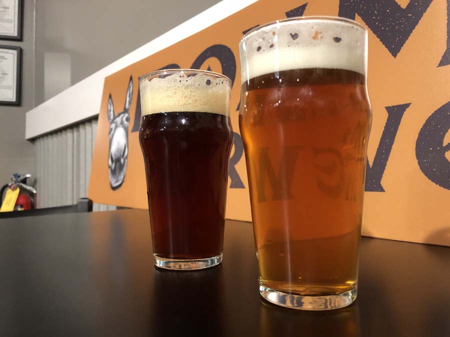 Two glasses of beer are on a table in front of a sign that says love