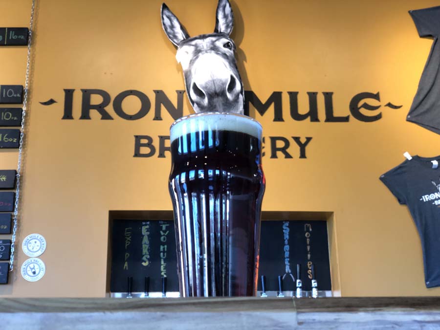 A statue of a donkey holding a glass of beer in front of a sign that says iron mule brewery