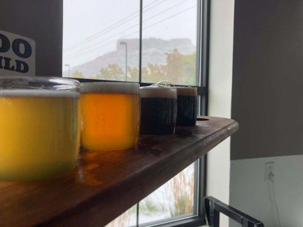 Three glasses of beer are sitting on a wooden shelf in front of a window.