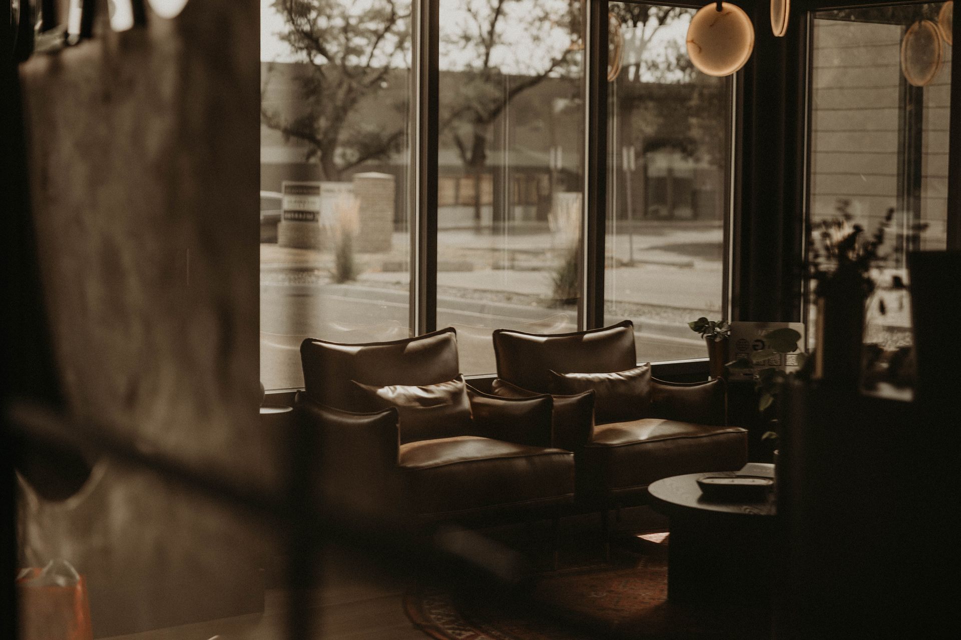 Two leather armchairs near a window, with a small table and plants. Warm lighting.