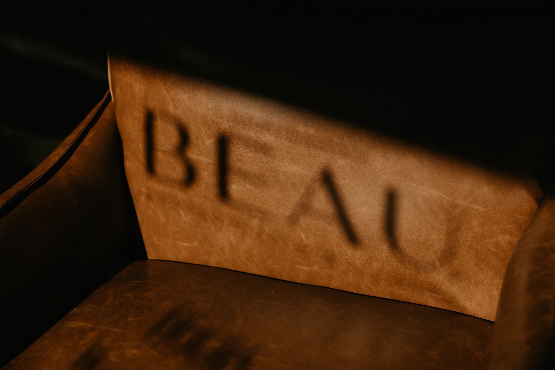 Brown leather chair with the word