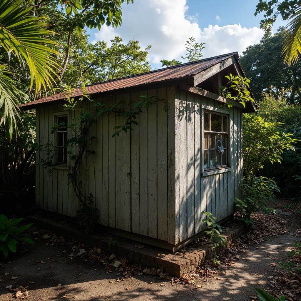 Wooden shed in a lush garden, shadowed by trees, with a brown tiled roof and two windows.