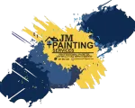 Logo for JM Painting Services featuring a house icon over navy and yellow paint splashes with contact information.