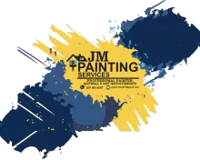 Logo for JM Painting Services featuring a house icon over navy and yellow paint splashes with contact information.