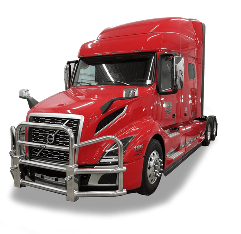 A red semi truck with a stainless steel bumper on a white background.