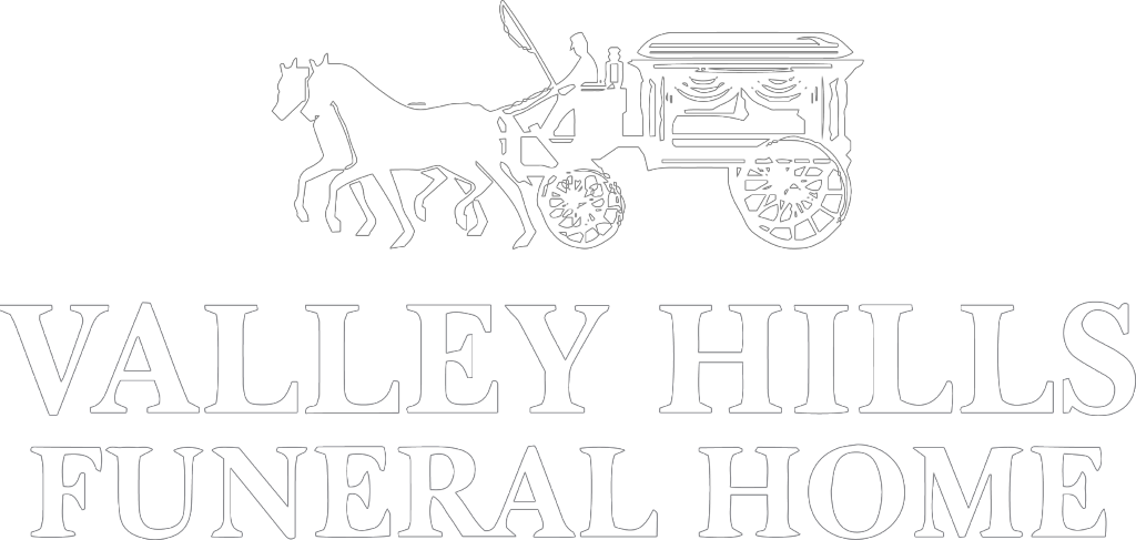 A black and white logo for valley hills funeral home with a horse drawn carriage.
