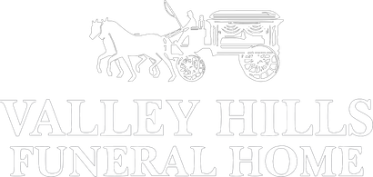 A black and white logo for valley hills funeral home with a horse drawn carriage.