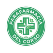 Logo circolare verde per la Farmacia del Corso con croce bianca da farmacia e disegno di una foglia.