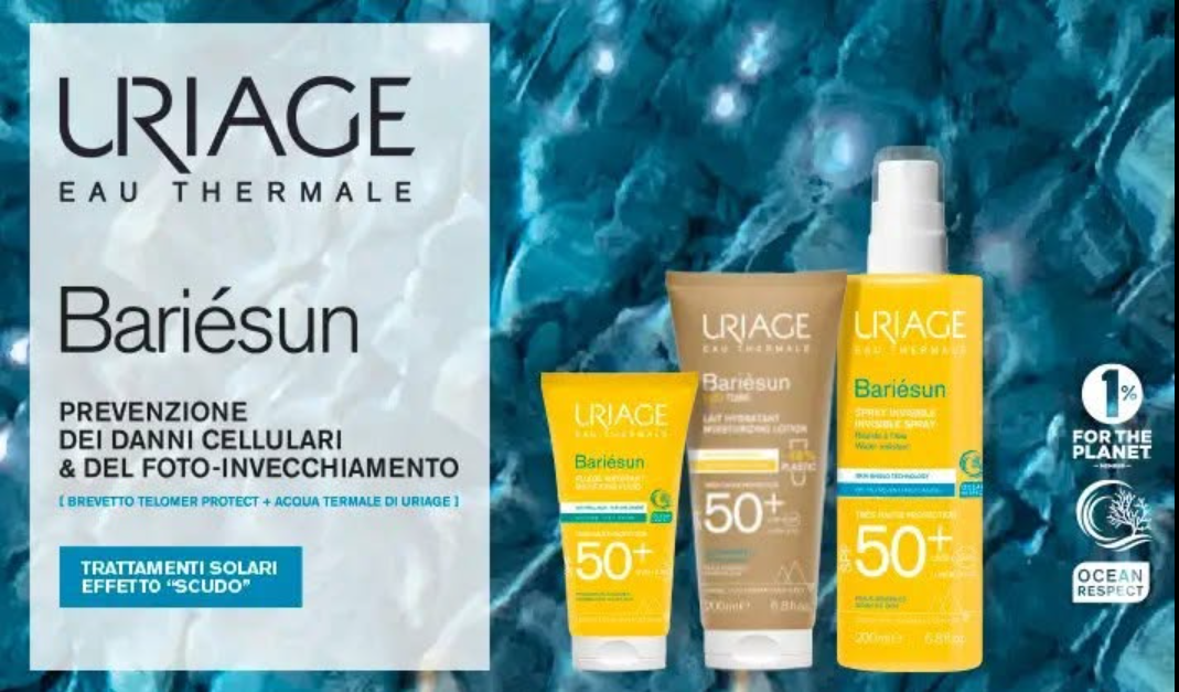 Immagine promozionale della crema solare Uriage Bariésun con tre tubetti gialli e testo in italiano su sfondo blu acqua.