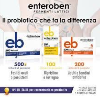 Confezioni per i probiotici Enteroben: scatole blu, gialle e arancioni con testo e benefici del prodotto in italiano.