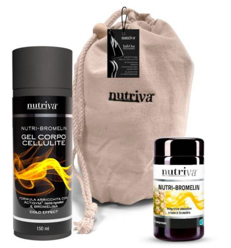 Prodotti per la cura del corpo Nutrivá: gel anticellulite, sacchetto in tessuto e integratore di bromelina su sfondo bianco.