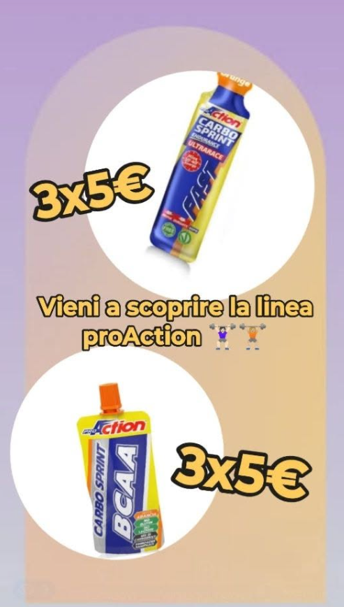 Promozione prodotti Action 3x5€, con confezioni di snack su sfondo pastel e testo “Vieni a scoprire la linea proAction”