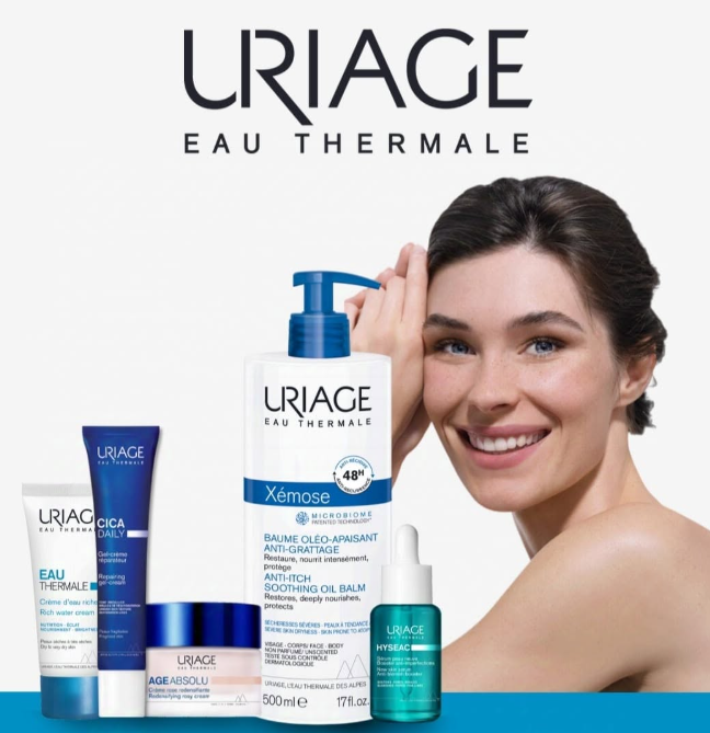 Prodotti per la cura della pelle URIAGE Eau Thermale con donna sorridente su sfondo bianco