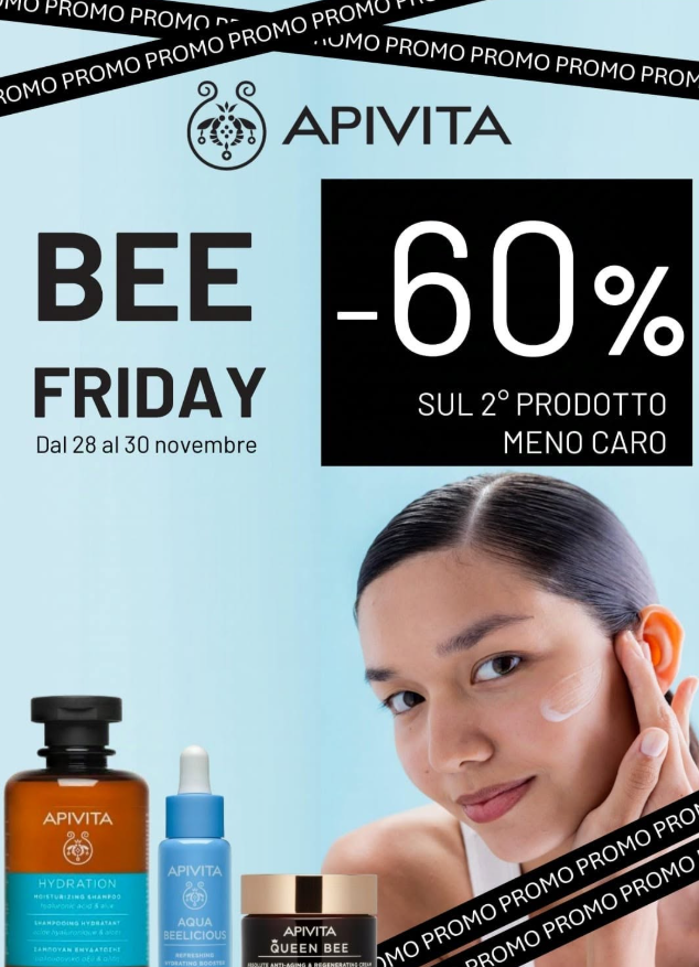 Promozione APIVITA Bee Friday con il 60% di sconto su prodotti per la cura della pelle e una donna in posa su uno sfondo blu.
