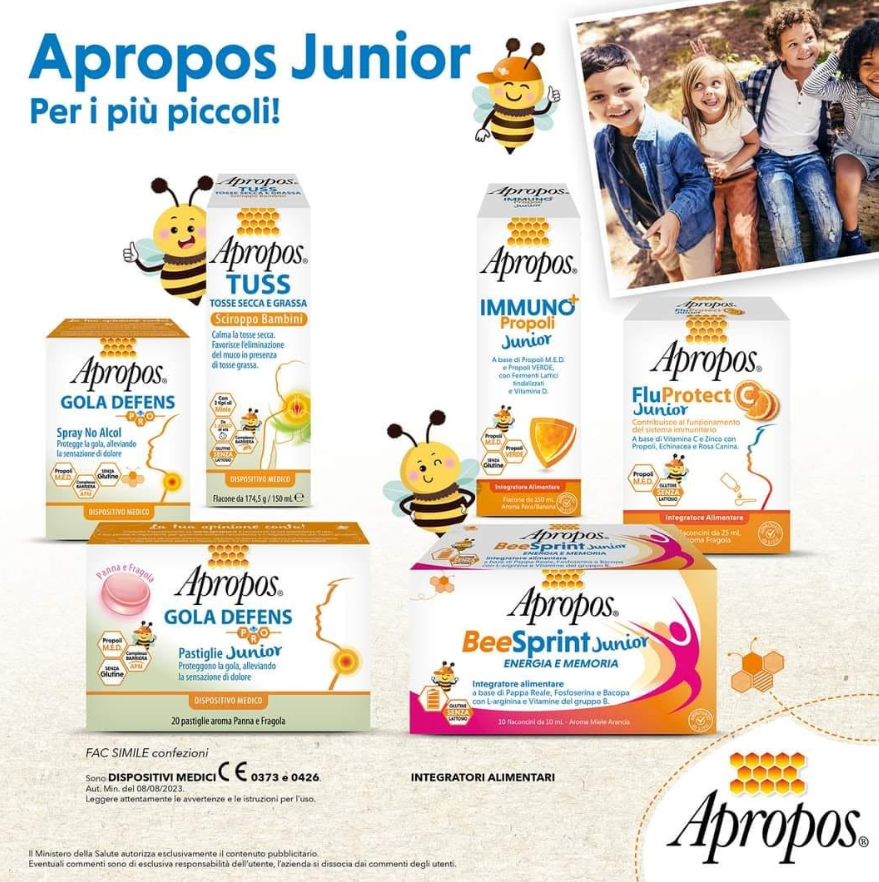 Pubblicità di Apropos Junior con api e colorati integratori per bambini per tosse, sistema immunitario, gola e intestino.