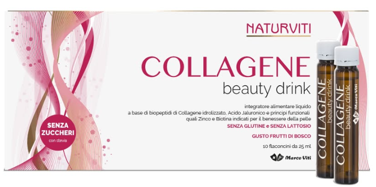 Pubblicità della bevanda di bellezza al collagene NaturViti con design floreale rosa e confezione in bottiglia dorata.