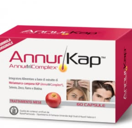 Confezione di integratore alimentare per capelli AnnurKap AntiComplex in rosso e bianco con foto del prodotto ed etichetta per 60 capsule.
