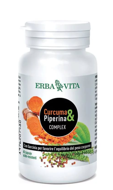 Flacone bianco dell'integratore Erba Vita Curcuma Piperina Complex con grafica arancione di curcuma