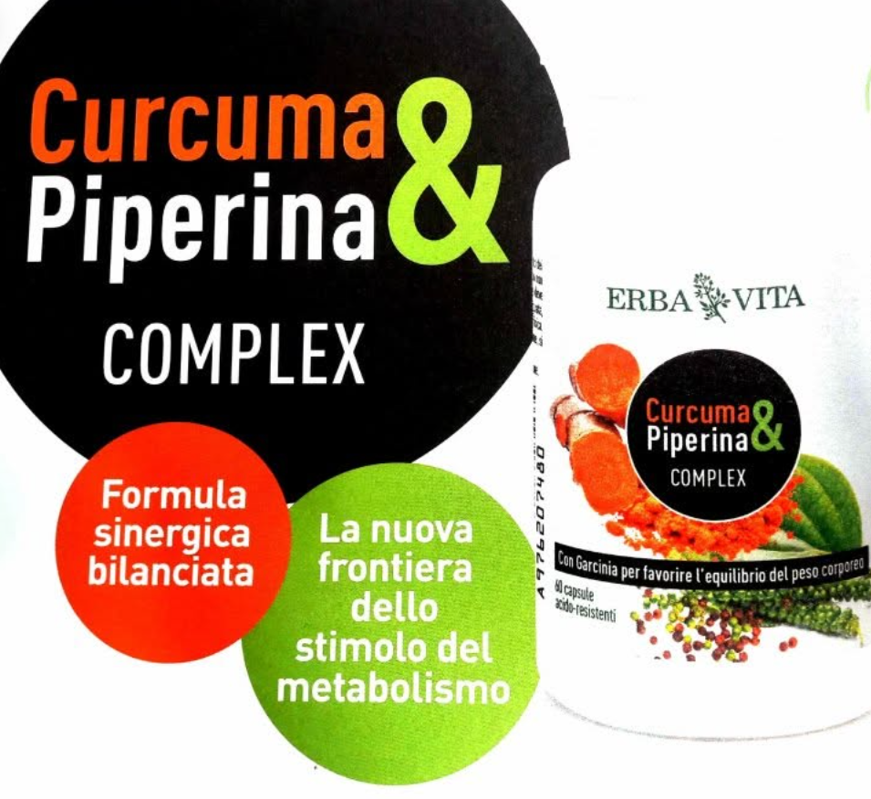 Curcuma e Piperina Complex ERBA VITA, confezione bianca con cerchi rosso e verde