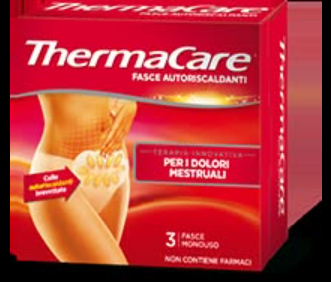 Confezione di fasce termiche mestruali ThermaCare, colore rosso, con modella che tiene in mano una fascia riscaldante e testo in italiano.