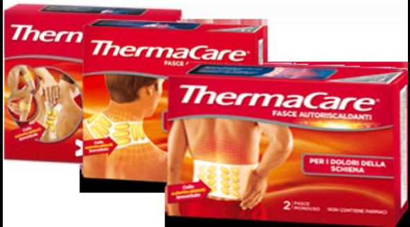 Le confezioni di impacchi termici antidolorifici Thermacare sono disponibili in colori rosso e arancione.