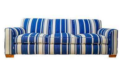 Blue and white striped sofa with wooden legs.