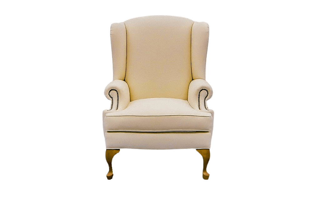 Cream-colored wingback armchair with gold trim and legs on white background.