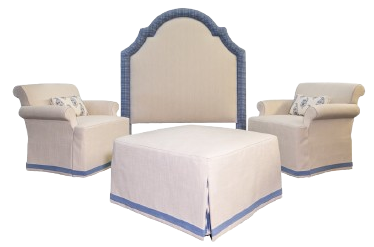 A bedroom set: an off-white headboard, two armchairs, and a square ottoman, all trimmed in blue.