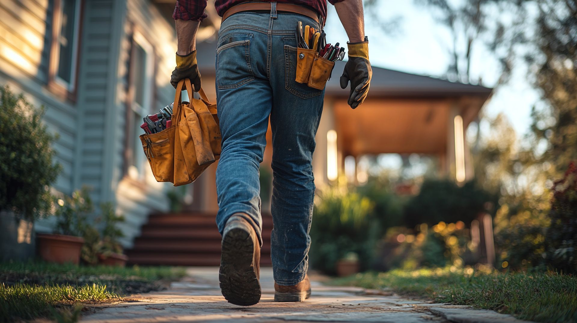 Handyman walking to house for home repair service visit. Handyman walking to house for home repair service visit.