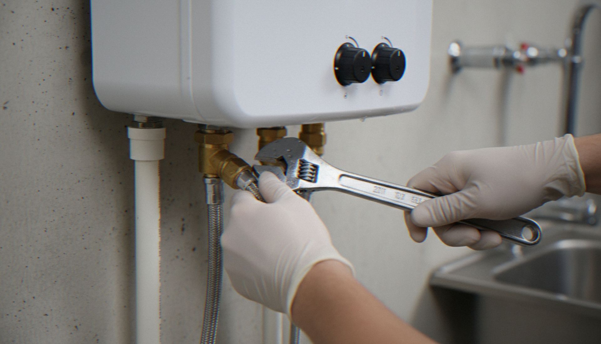 Gloved plumber using a wrench to repair a wall-mounted tankless water heater.