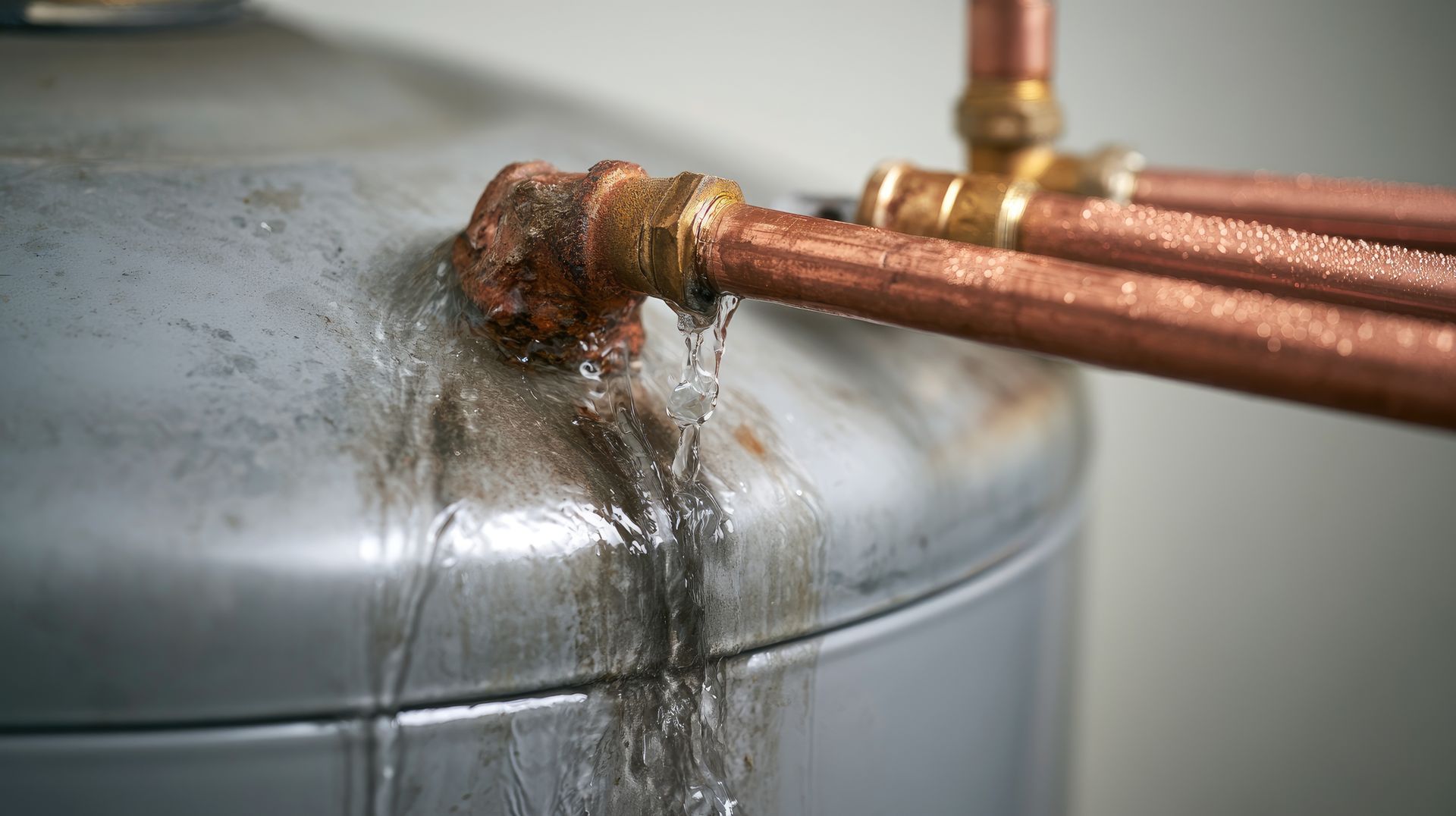 Water leaking from a corroded fitting on top of a residential water heater.