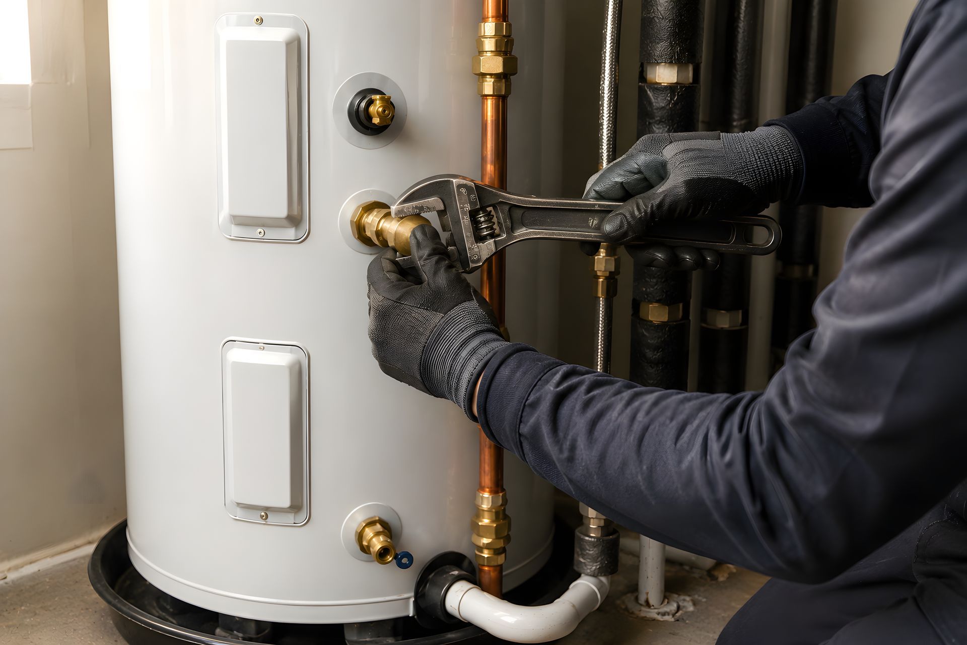 Professional Water Heater Repair Technician Using Adjustable Pipe Wrench During Electric Water Heater Installation Residential Plumbing Service Professional Water Heater Repair Technician Using Adjustable Pipe Wrench During Electric Water Heater Installation Residential Plumbing Service