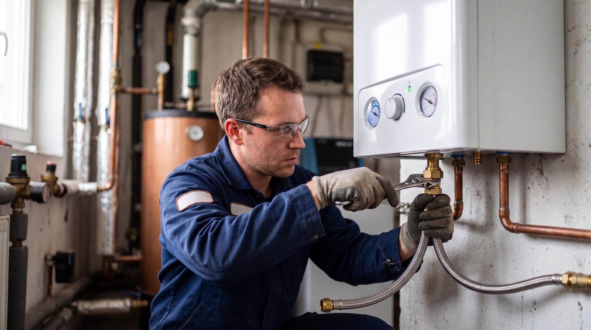 Plumber installing a tankless water heater in a home utility room Plumber installing a tankless water heater in a home utility room
