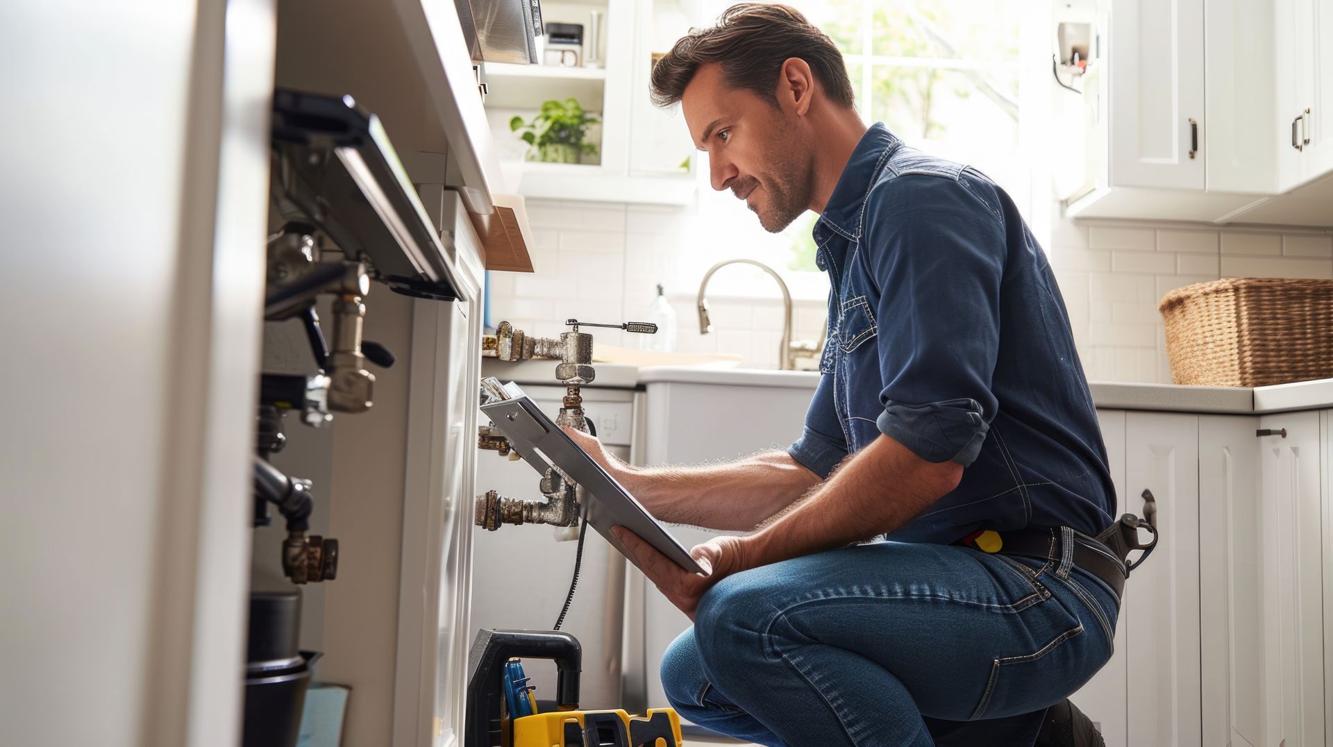 Plumber or maintenance worker crouched down, inspecting or repairing a kitchen sink Plumber or maintenance worker crouched down, inspecting or repairing a kitchen sink