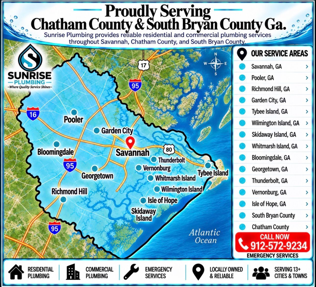 Map ad for Chatham County and South Bryan County, GA with service area and plumbing company contact details