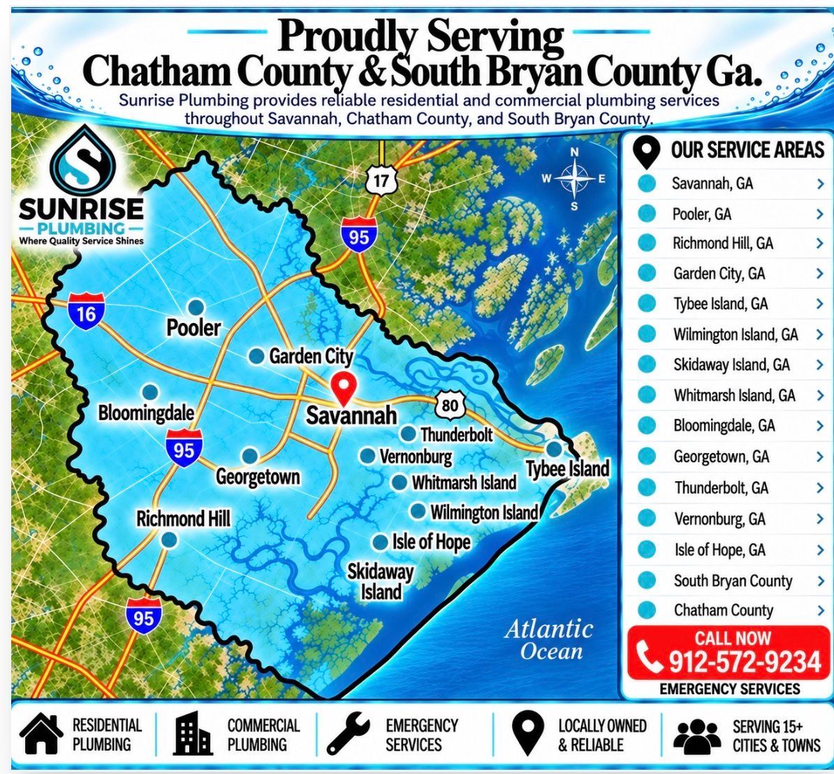 Map of Chatham County and South Bryan County, Georgia, with service areas and company contact info.