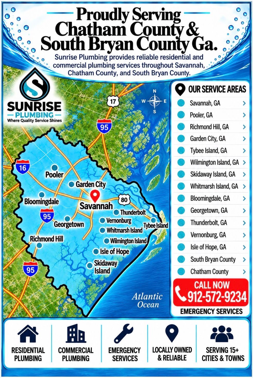 Map of Chatham County and South Bryan County, Georgia, with service areas and company contact info.