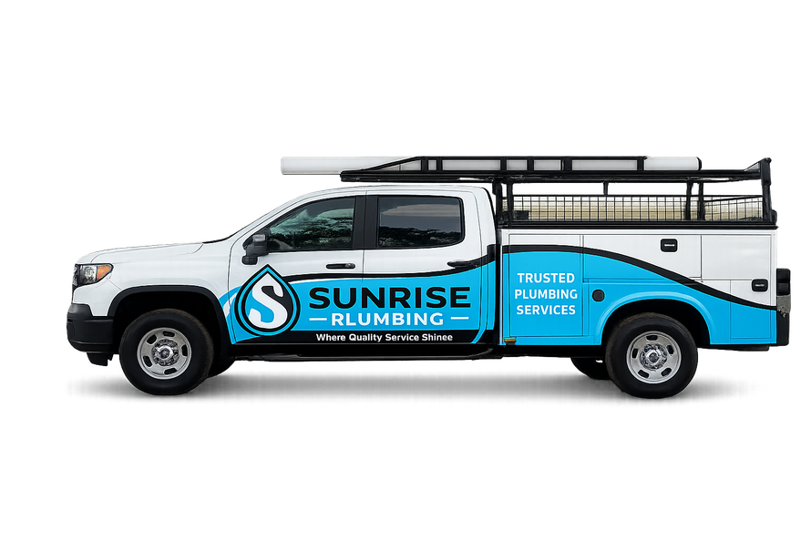 White and blue Sunrise Plumbing service truck with ladder rack, side logo, and phone number on the door White and blue Sunrise Plumbing service truck with ladder rack, side logo, and phone number on the door